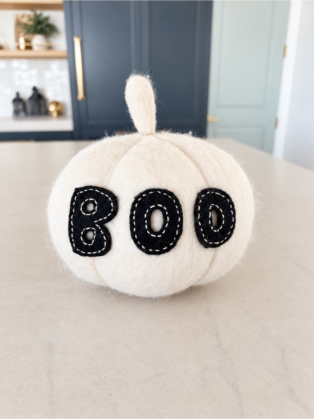 Pottery Barn Kids White Boo Wool Felt Pumpkin Halloween Decor 9.5"
